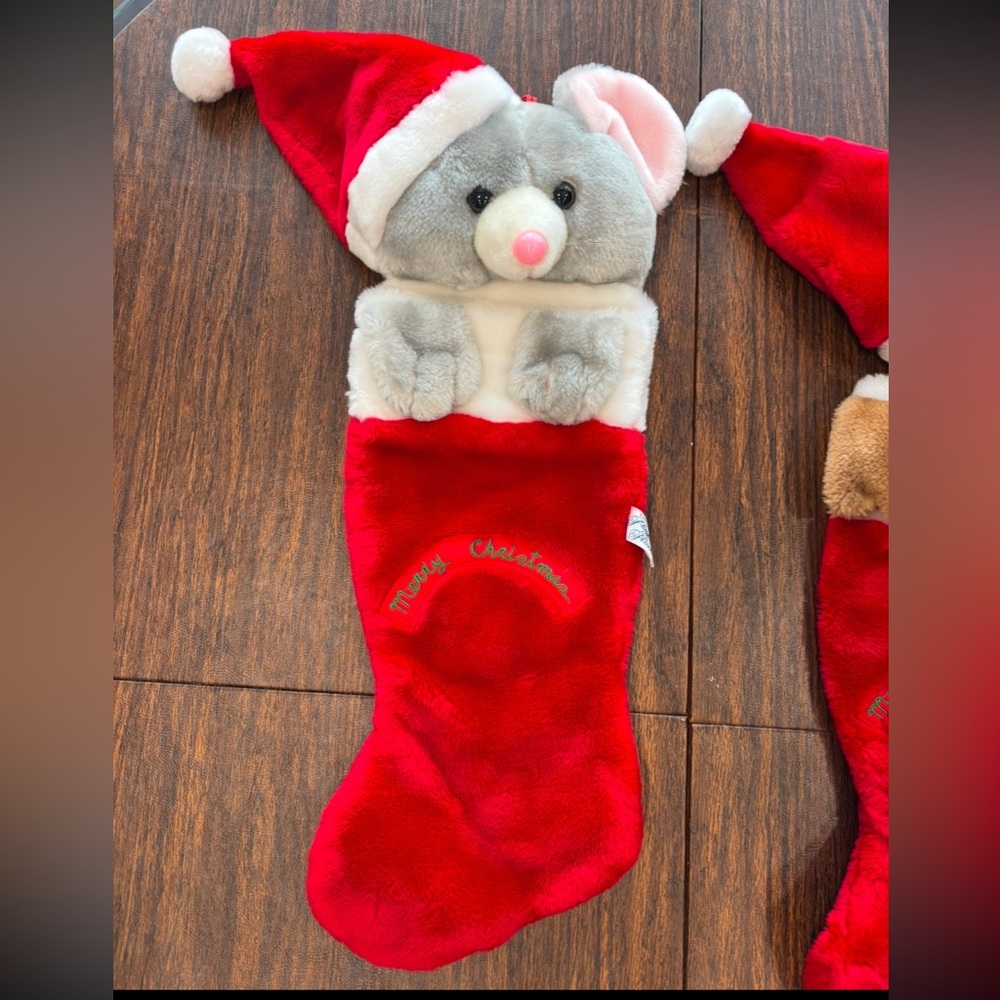 Vintage Merry Christmas Stocking 1988 Chrisha Playful Plush Mouse Embroidered